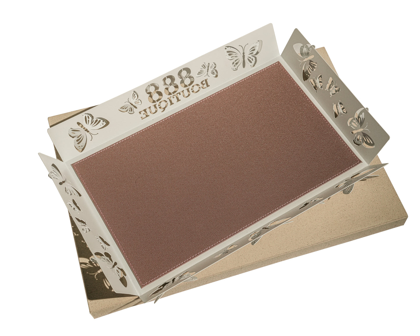 Tray  Set - Rose Gold Leather with White Metal Butterfly